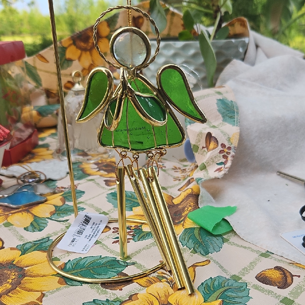 Green Stained Glass Angel With Windchimes